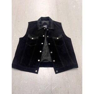 Vintage Agapo Vest Women Medium Black Suede Leather Embroidered Snap Button Boho